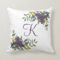 Monogrammed Purple and Yellow Floral Throw Pillow