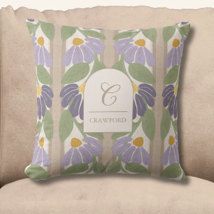 Monogrammed Purple & Beige Floral Stripe Throw Pillow