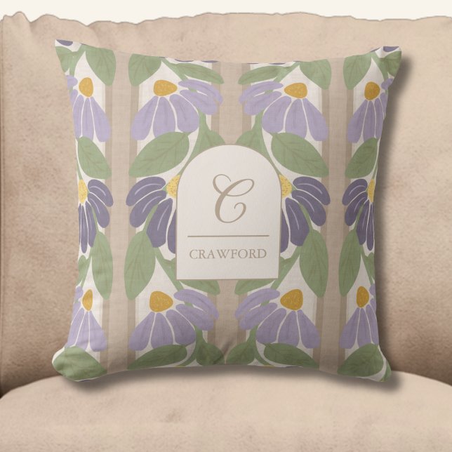 Monogrammed Purple & Beige Floral Stripe Throw Pillow (Monogrammed Floral Striped Throw Pillow)