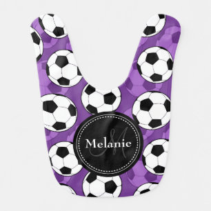 Monogrammed Purple Black Soccer Ball Pattern Bib