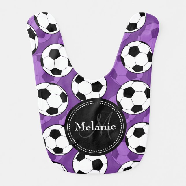 Monogrammed Purple Black Soccer Ball Pattern Bib (Front)