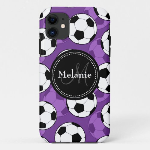 Monogrammed Purple Black Soccer Ball Pattern iPhone 11 Case