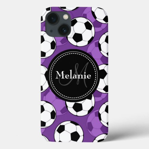 Monogrammed Purple Black Soccer Ball Pattern iPhone 13 Case