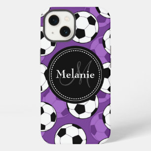 Monogrammed Purple Black Soccer Ball Pattern iPhone 13 Case