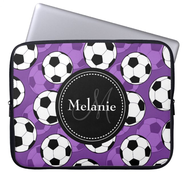 Monogrammed Purple Black Soccer Ball Pattern Laptop Sleeve (Front)