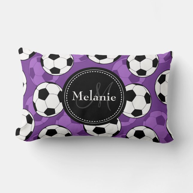 Monogrammed Purple Black Soccer Ball Pattern Lumbar Pillow (Front)