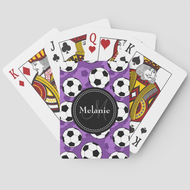 Monogrammed Purple Black Soccer Ball Pattern Poker Cards (Back)