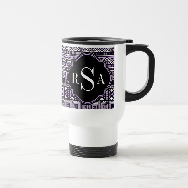 Monogrammed Purple Black Tribal Pattern Travel Mug (Right)