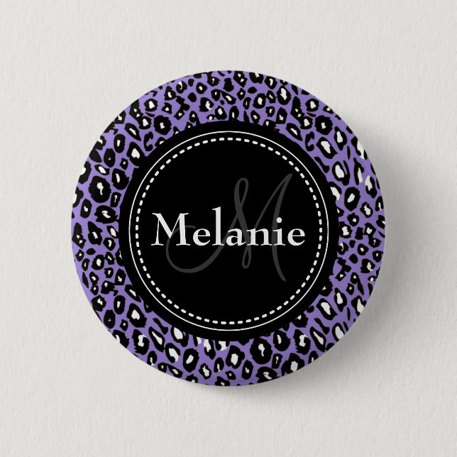 Monogrammed Purple Black White Leopard Pattern Button (Front)