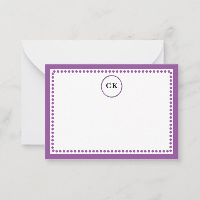 Monogrammed Purple Dotted Border Custom Initials Note Card (Front)