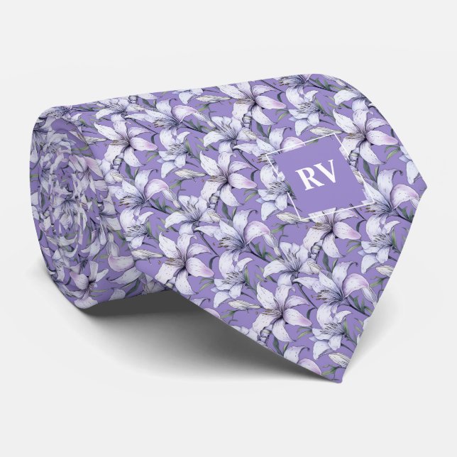 Monogrammed Purple Easter Lily Floral Neck Tie (Rolled)