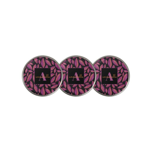 Monogrammed Purple Fall Leaves Pattern Golf Ball Marker (3 Up)