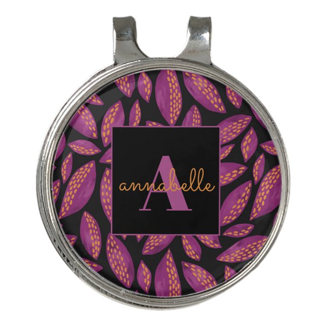 Monogrammed Purple Fall Leaves Pattern Golf Hat Clip (Front)