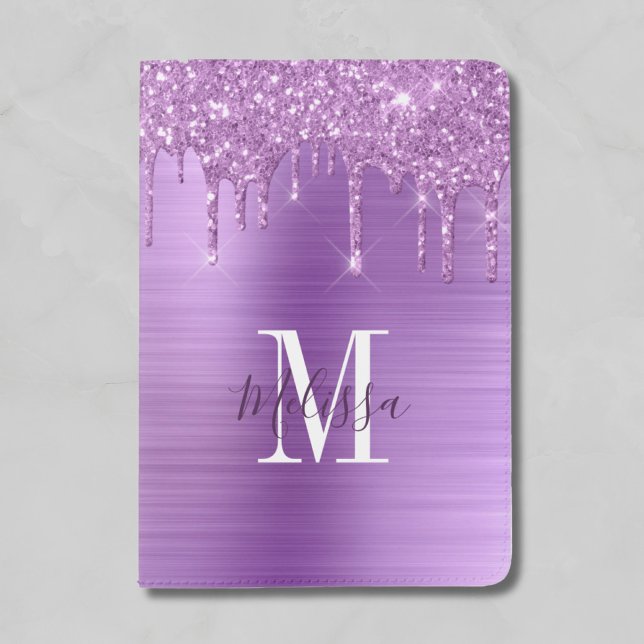 Monogrammed Purple Faux Glitter Drip Passport Holder (Monogrammed Purple Glitter Drip Brushed Metallic Passport Holder)