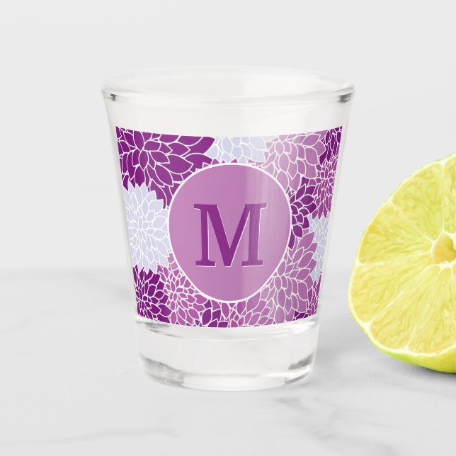 Monogrammed Purple Floral Pattern Shot Glass (Front)