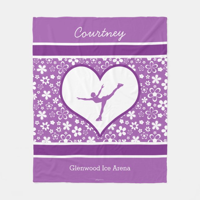 Monogrammed Purple Flowers Pattern Figure Skating Fleece Blanket (Front)