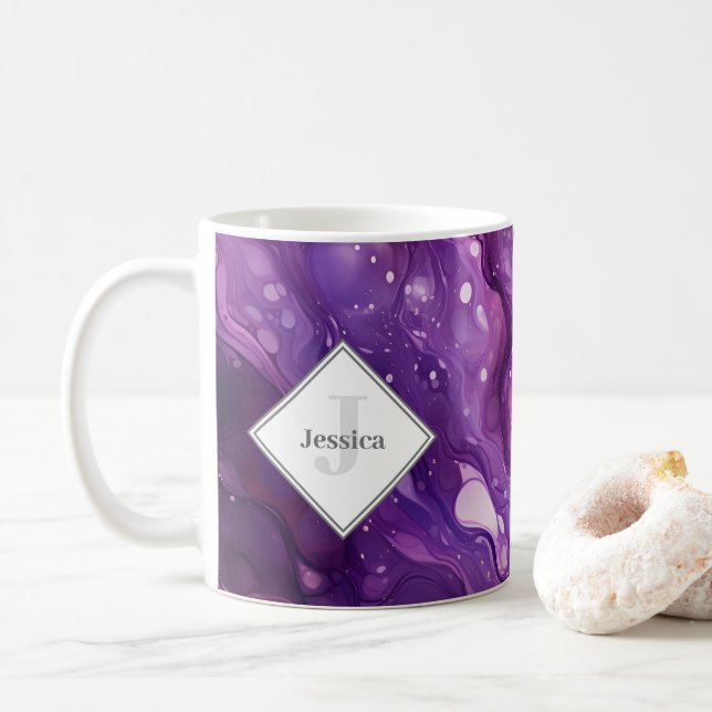 Monogrammed Purple Fluid Art Vibrant Purple Coffee Mug (With Donut)