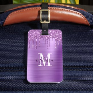 Monogrammed Purple Glitter Drip Brushed Metal