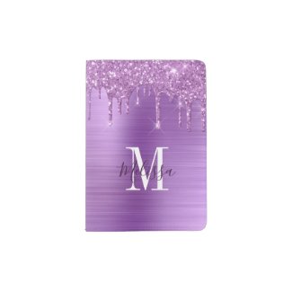 Monogrammed Purple Glitter Drip Brushed Metallic Passport Holder