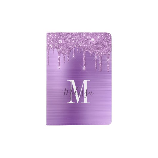 Monogrammed Purple Glitter Drip Brushed Metallic Passport Holder (Front)