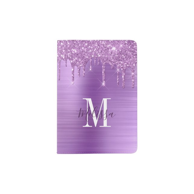 Monogrammed Purple Glitter Drip Brushed Metallic Passport Holder (Front)