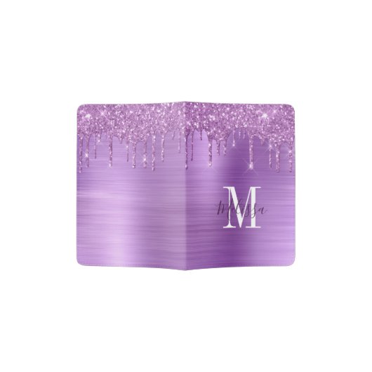 Monogrammed Purple Glitter Drip Brushed Metallic Passport Holder (Opened)