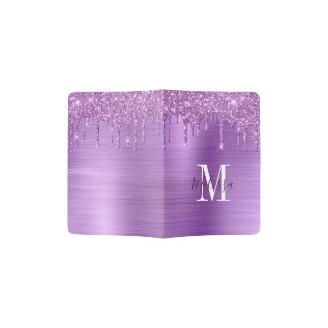 Monogrammed Purple Glitter Drip Brushed Metallic Passport Holder (Opened)