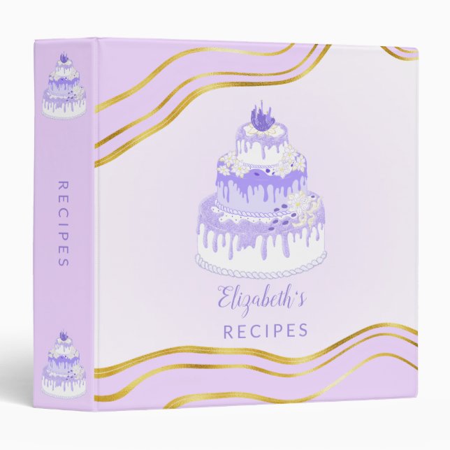 Monogrammed Purple Gold Cake Modern Elegant Recipe 3 Ring Binder (Front/Spine)