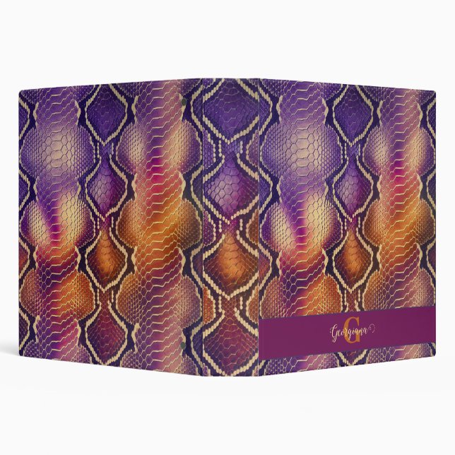 Monogrammed Purple & Gold Shimmering Snake Skin 3 Ring Binder (Background)
