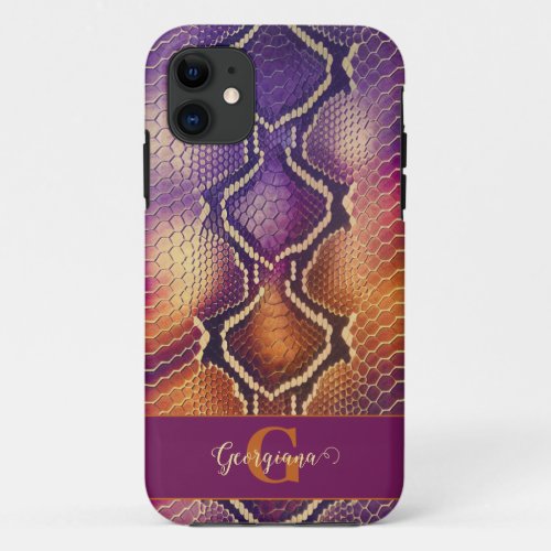 Monogrammed Purple &amp; Gold Shimmering Snake Skin iPhone 11 Case