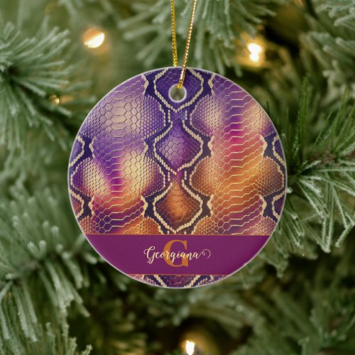 Monogrammed Purple & Gold Shimmering Snake Skin Ceramic Ornament