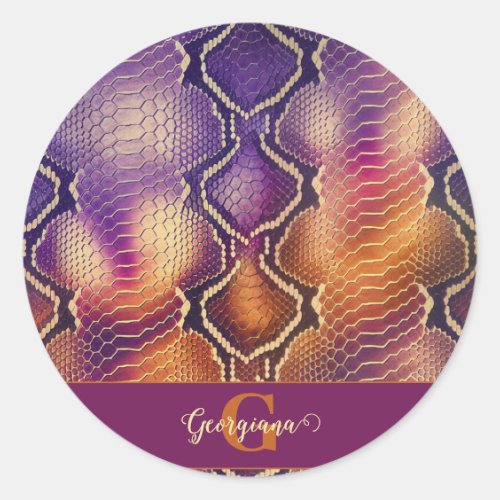 Monogrammed Purple &amp; Gold Shimmering Snake Skin Classic Round Sticker