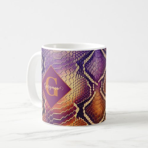 Monogrammed Purple &amp; Gold Shimmering Snake Skin Coffee Mug