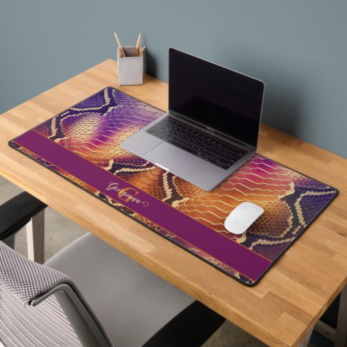 Monogrammed Purple &amp; Gold Shimmering Snake Skin Desk Mat