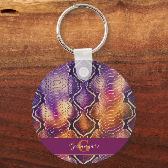 Monogrammed Purple & Gold Shimmering Snake Skin Keychain (Front)