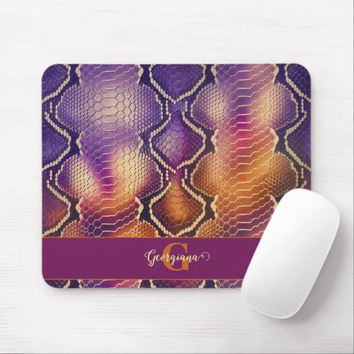 Monogrammed Purple &amp; Gold Shimmering Snake Skin Mouse Pad