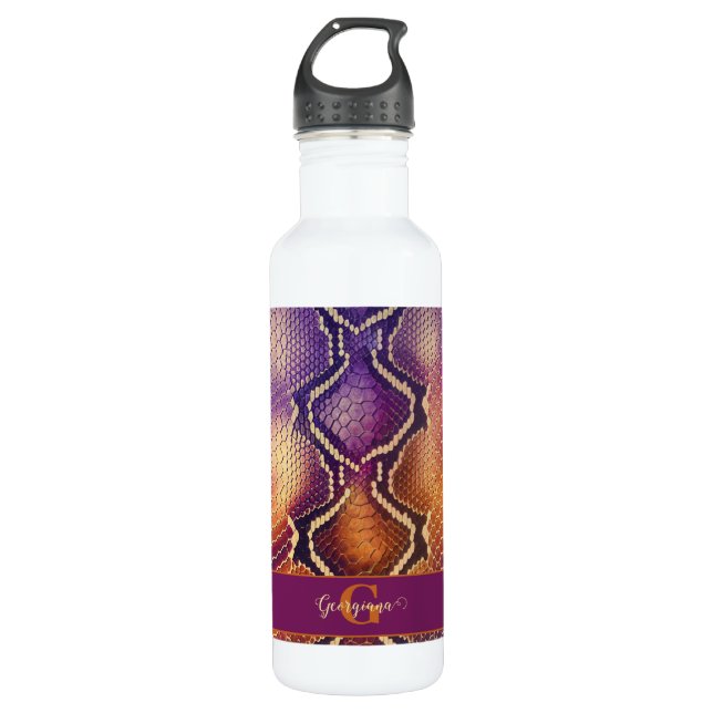 Monogrammed Purple & Gold Shimmering Snake Skin Stainless Steel Water Bottle (Front)