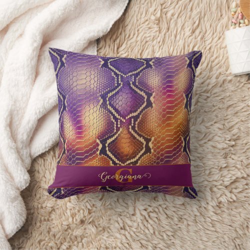 Monogrammed Purple &amp; Gold Shimmering Snake Skin Throw Pillow