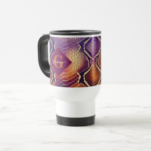 Monogrammed Purple &amp; Gold Shimmering Snake Skin Travel Mug
