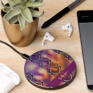Monogrammed Purple & Gold Shimmering Snake Skin Wireless Charger