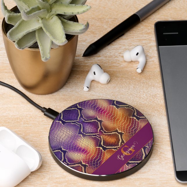 Monogrammed Purple & Gold Shimmering Snake Skin Wireless Charger (Desk 2)
