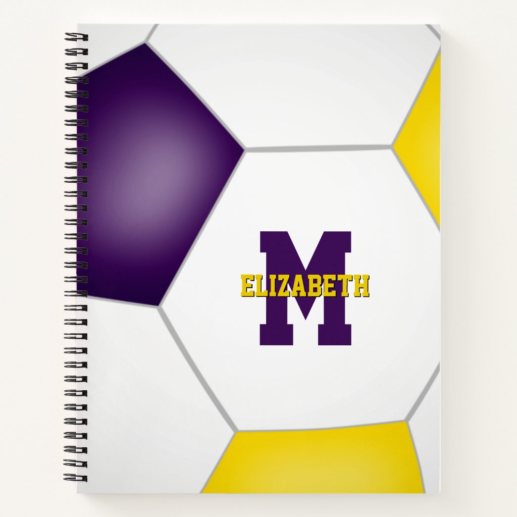 monogrammed purple gold team colors soccer notebook
