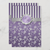 Monogrammed Purple, Gray Floral Striped Invitation (Front/Back)