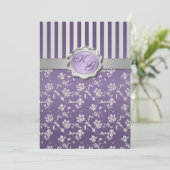 Monogrammed Purple, Gray Floral Striped Invitation (Standing Front)