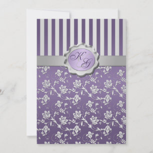 Monogrammed Purple, Gray Floral Striped Invitation