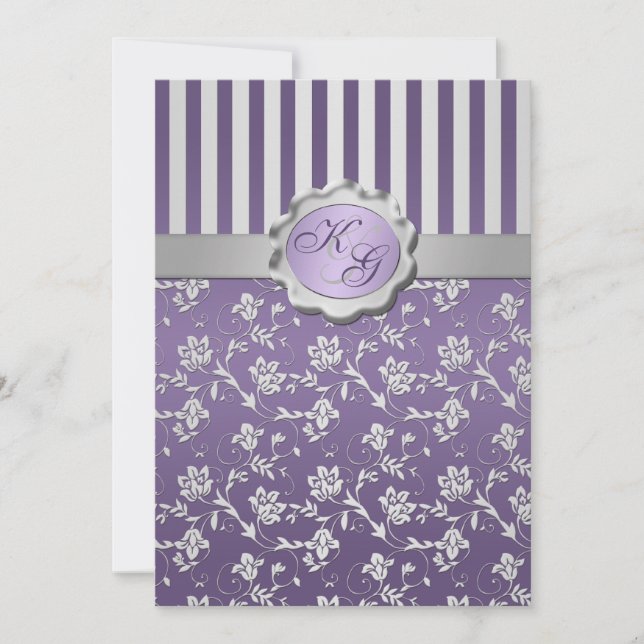 Monogrammed Purple, Gray Floral Striped Invitation (Front)