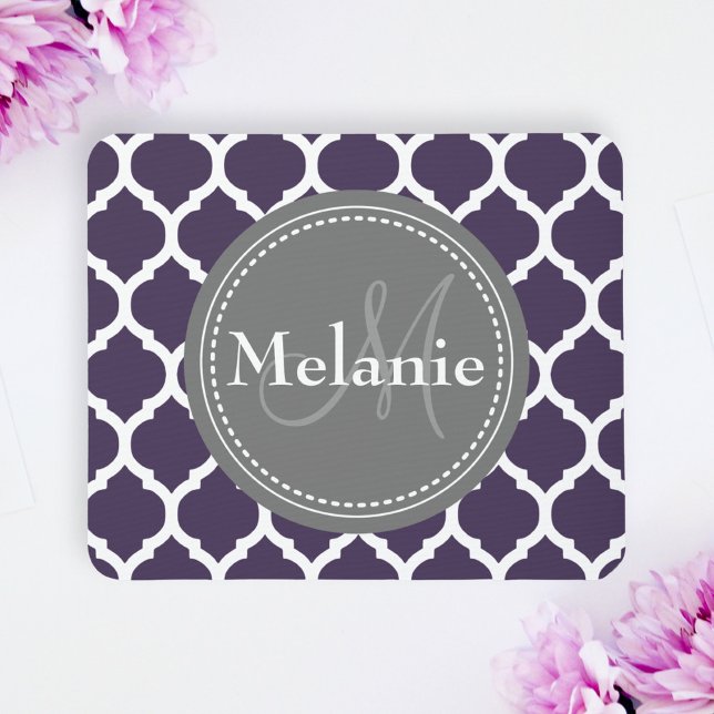 Monogrammed Purple & Gray Quatrefoil Mouse Pad (Creator Uploaded)