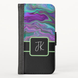 Monogrammed Purple, Green and Blue Fluid Art iPhone X Wallet Case