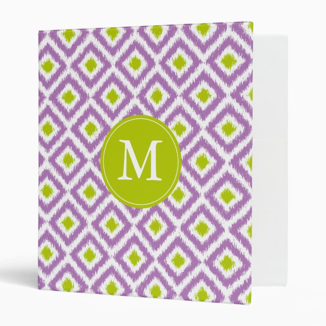 Monogrammed Purple Green Diamond Ikat Pattern 3 Ring Binder (Front/Inside)