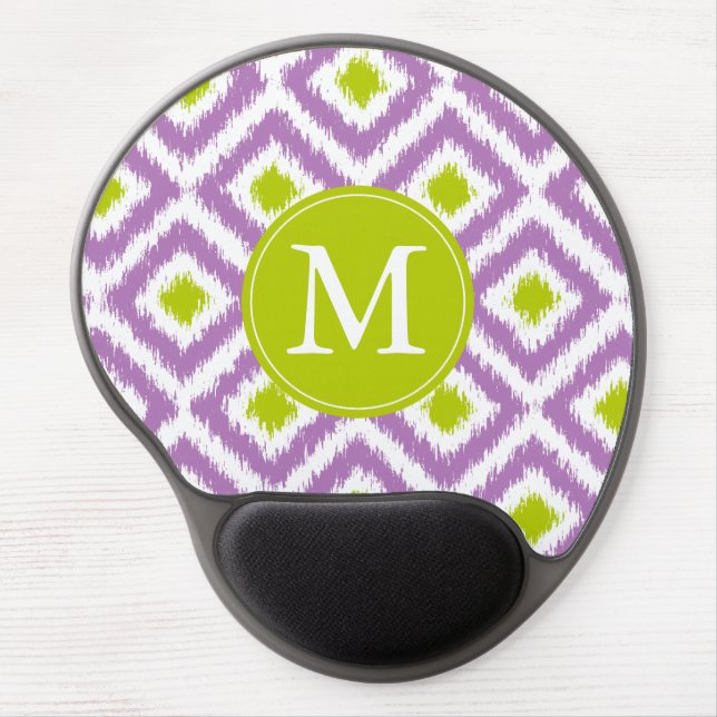 Monogrammed Purple Green Diamond Ikat Pattern Gel Mouse Pad (Front)
